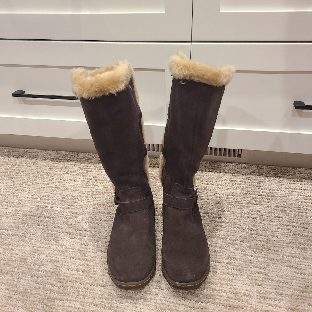 Bear traps winter boots upper leather and faux fur balance, man made materials